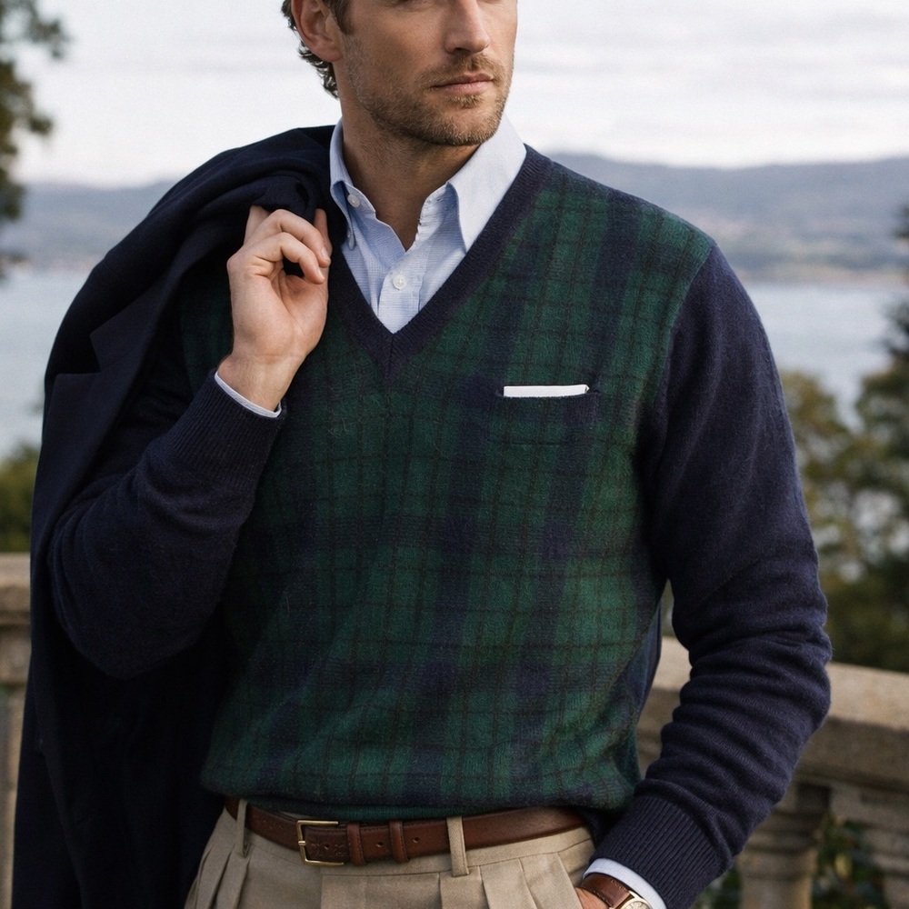 Vtg. 80s’ Johnstons of Elgin Brushed Cashmere Classic Tartan V Neck Sweater Sz.L